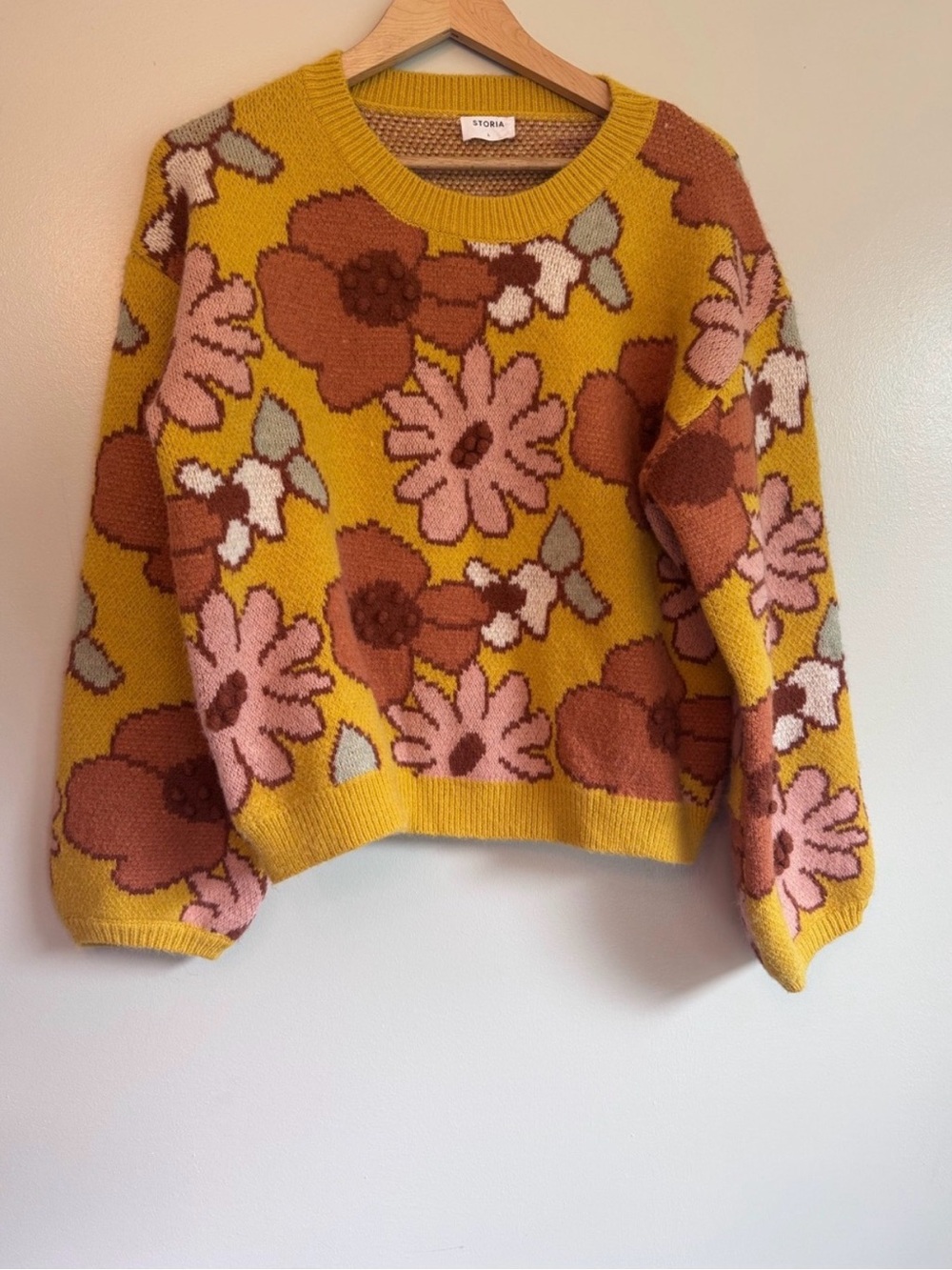 Storia Yellow Floral Crewneck Sweater with Pink and Brown Blooms